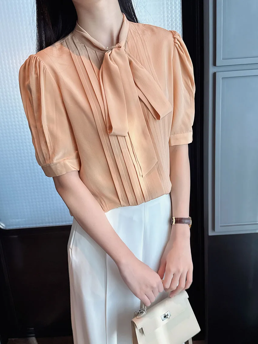 Ele Summer Silk Sa Pleated irt Commute Sle Loose Fit Bubble Sve ort Sve Stand Collar Pure Color Fi Mom
Ele Summer Silk Sa Pleated irt Commute Sle Loose Fit Bubble Sve ort Sve Stand Collar Pure Color Fi Mom