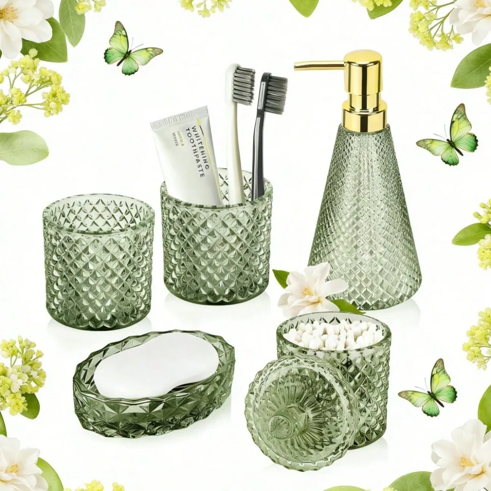 5-Piece Bathroom Accessories Set - Includes Clear Gradient Glass Soap/Lotion Dispenser With Matching Dish, Toothbrush Holder, Tu
5-Piece Bathroom Accessories Set - Includes Clear Gradient Glass Soap/Lotion Dispenser With Matching Dish, Toothbrush Holder, Tu