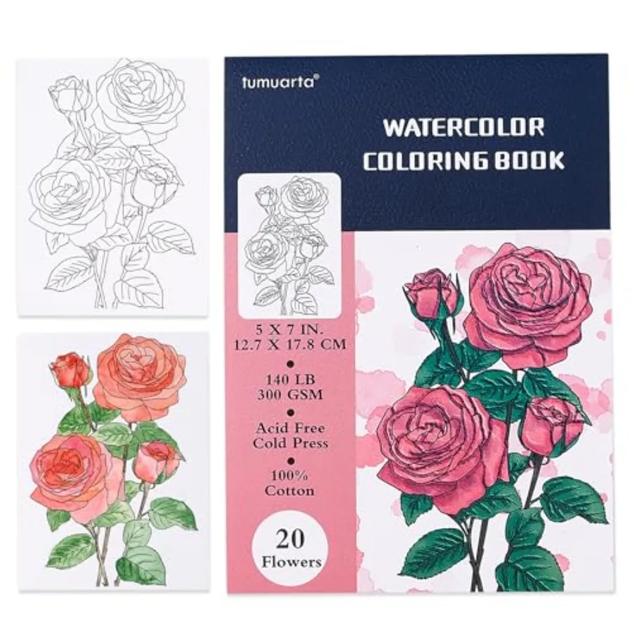 Watercolor Coloring Book, 20 Unique Floral Designs, 5x7", 100% Cotton, 300GSM, 140 LB, 20 Sheets, Cold Press, Acid Free Waterco
Watercolor Coloring Book, 20 Unique Floral Designs, 5x7", 100% Cotton, 300GSM, 140 LB, 20 Sheets, Cold Press, Acid Free Waterco