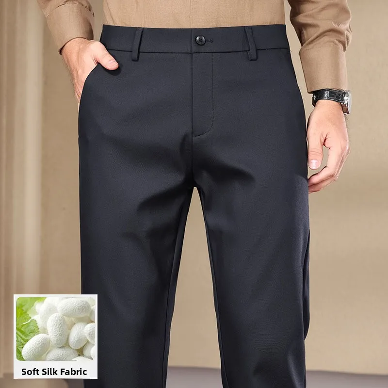 Мужские шелковые брюки в стиле кэжуал с высокой талией, прямые, утолщенные, длинные, не мнущиеся, эластичные, осенне-зимние, новинка
Мужские шелковые брюки в стиле кэжуал с высокой талией, прямые, утолщенные, длинные, не мнущиеся, эластичные, осенне-зимние, новинка