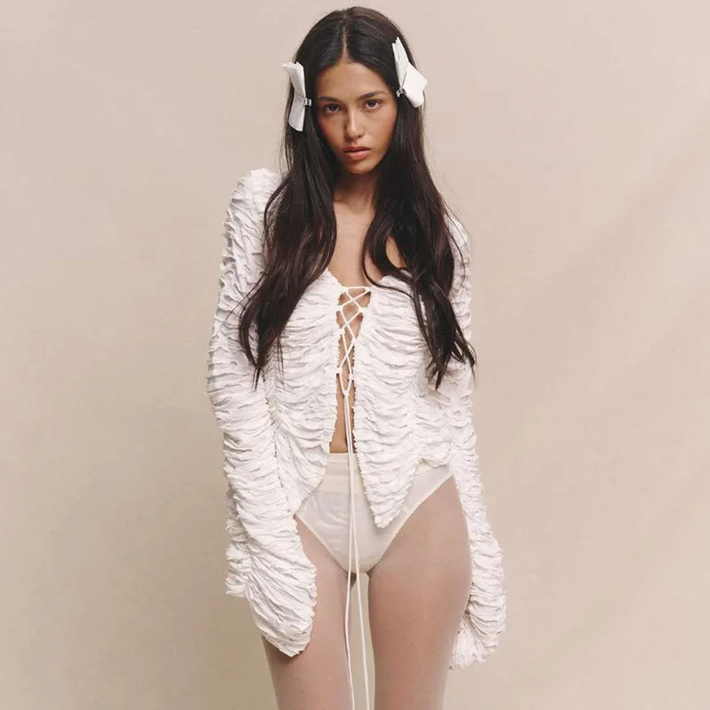 2026 Autumn Fashion Ruffled Patchwork Loose Long Sleeve Tops Hollow Lace Up T Shirts Femme White Casual Sexy Clubwear Women
2026 Autumn Fashion Ruffled Patchwork Loose Long Sleeve Tops Hollow Lace Up T Shirts Femme White Casual Sexy Clubwear Women