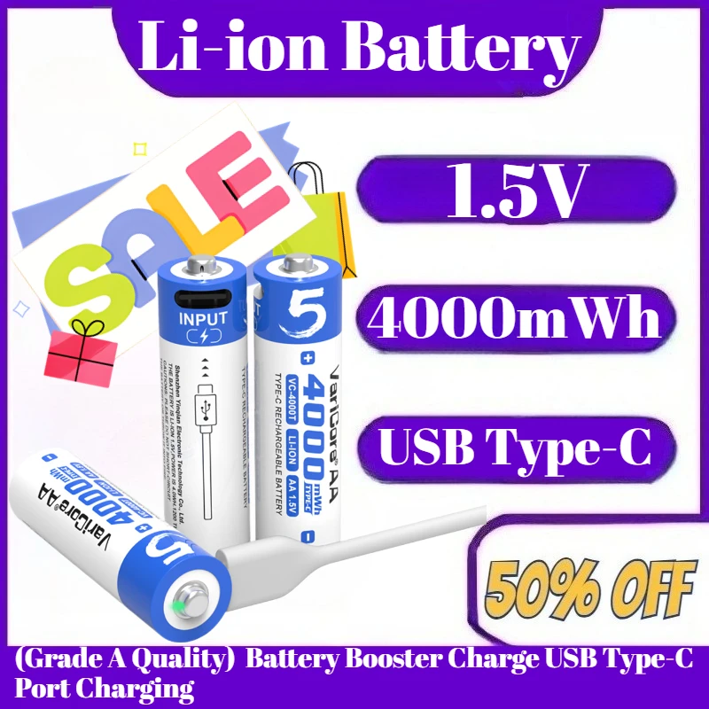 AA Battery Rechargeable 1.5V Li-ion 4000mWh Battery Booster Charge USB Type-C Port Charging
AA Battery Rechargeable 1.5V Li-ion 4000mWh Battery Booster Charge USB Type-C Port Charging