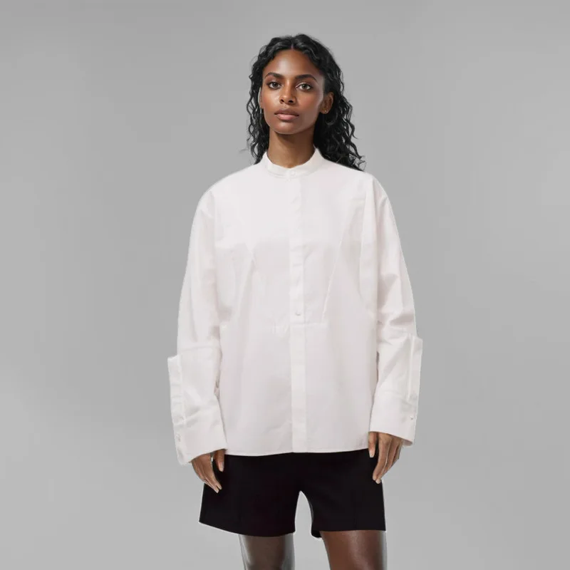 White Shirt, Women's Standing Collar, Casual and High-end Single Breasted Patchwork, Long Sleeved Shirt
White Shirt, Women's Standing Collar, Casual and High-end Single Breasted Patchwork, Long Sleeved Shirt
