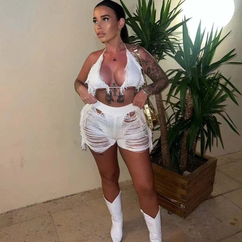 New Women Casual Knitted Shorts Set Irregular Tassel Bodycon Two Peice Set Summer Sexy Halte Bra Top And Pants Outfits For Woman
New Women Casual Knitted Shorts Set Irregular Tassel Bodycon Two Peice Set Summer Sexy Halte Bra Top And Pants Outfits For Woman