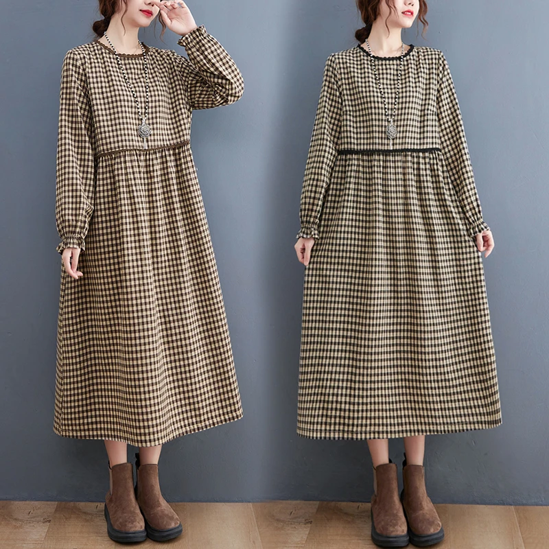 Осенняя клетчатая хлопково-льняная длинная женская юбка-трапеция больших размеров с цветочным воротником, удобная свободная посадка для поездок на работу... 
Осенняя клетчатая хлопково-льняная длинная женская юбка-трапеция больших размеров с цветочным воротником, удобная свободная посадка для поездок на работу...