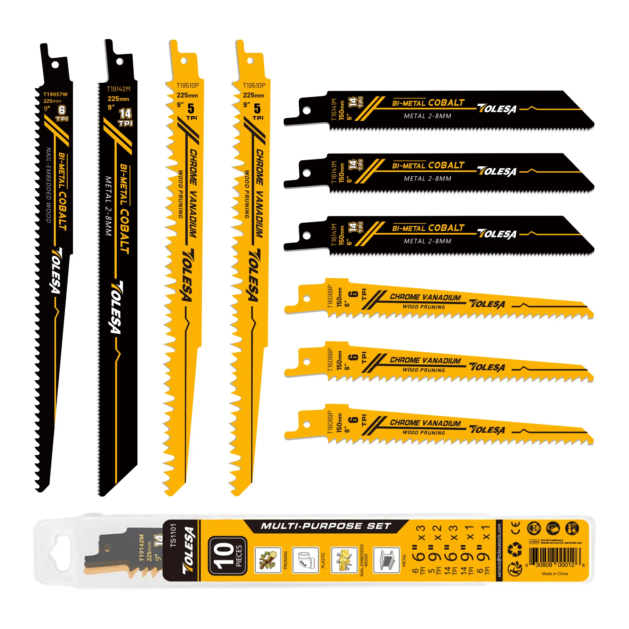 TOLESA Reciprocating Saw Blades for Wood Pruning PVC Cutting Bi-metal Reciprocating Saw Blade for Heavy Metal Cutting Demolition
TOLESA Reciprocating Saw Blades for Wood Pruning PVC Cutting Bi-metal Reciprocating Saw Blade for Heavy Metal Cutting Demolition