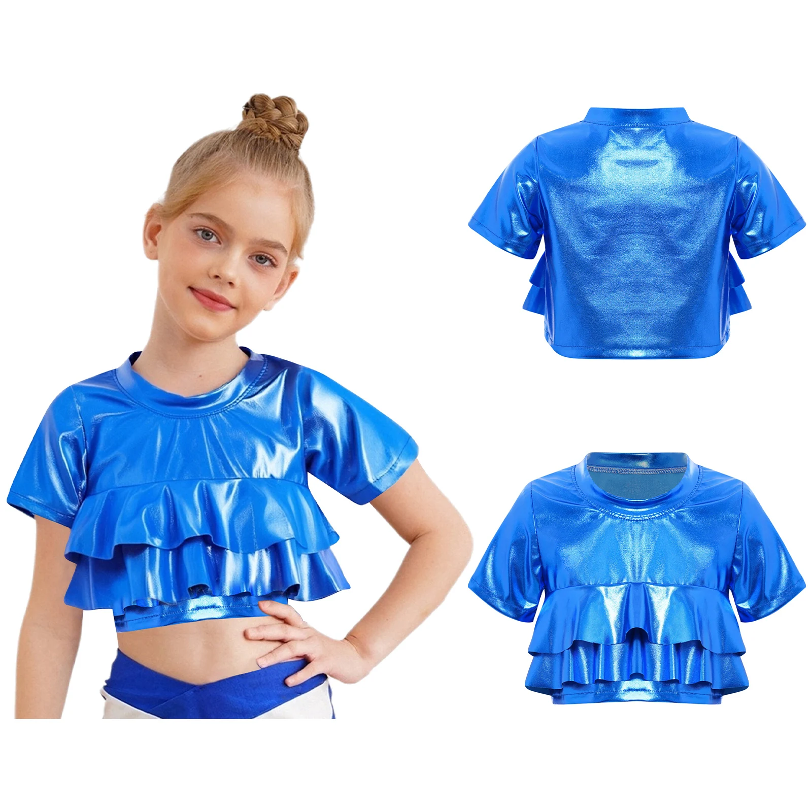 Kids Girls Jazz Hip Hop Dance Competition Performance Tops Metallic Shiny Tee Jazz Street Dance Short Sleeve Crop Top Dance Wear
Kids Girls Jazz Hip Hop Dance Competition Performance Tops Metallic Shiny Tee Jazz Street Dance Short Sleeve Crop Top Dance Wear