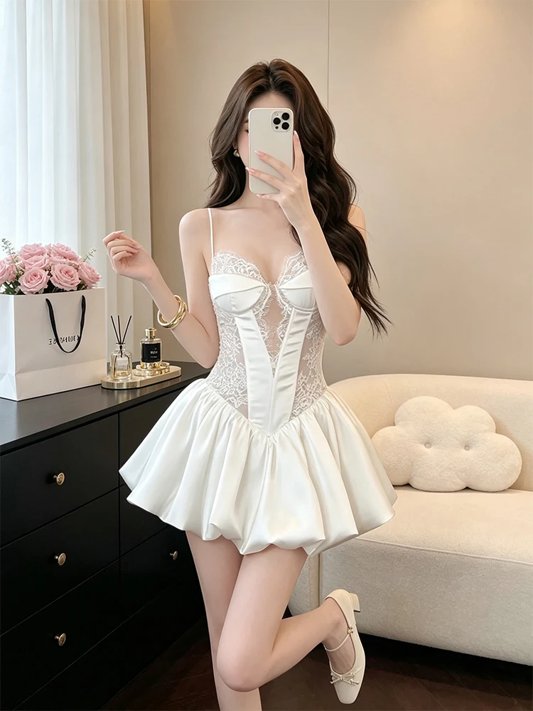 Elegant White Lace Embroidery Strap Dress Women's High Fashion Sensual Fairy Tale Ball Gown Short A-Line Skirt Dress
Elegant White Lace Embroidery Strap Dress Women's High Fashion Sensual Fairy Tale Ball Gown Short A-Line Skirt Dress