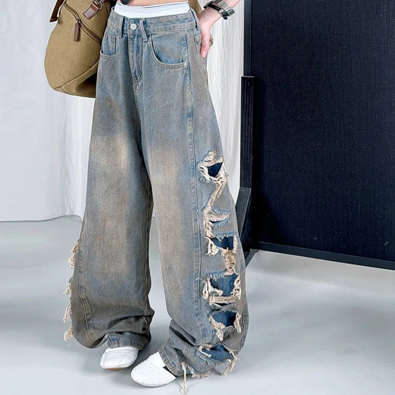 Kids Child American Vintage Washed and Distressed Jeans with Side Hole For Girl High Street Fashion Wide Leg Broken Denim Pants
Kids Child American Vintage Washed and Distressed Jeans with Side Hole For Girl High Street Fashion Wide Leg Broken Denim Pants