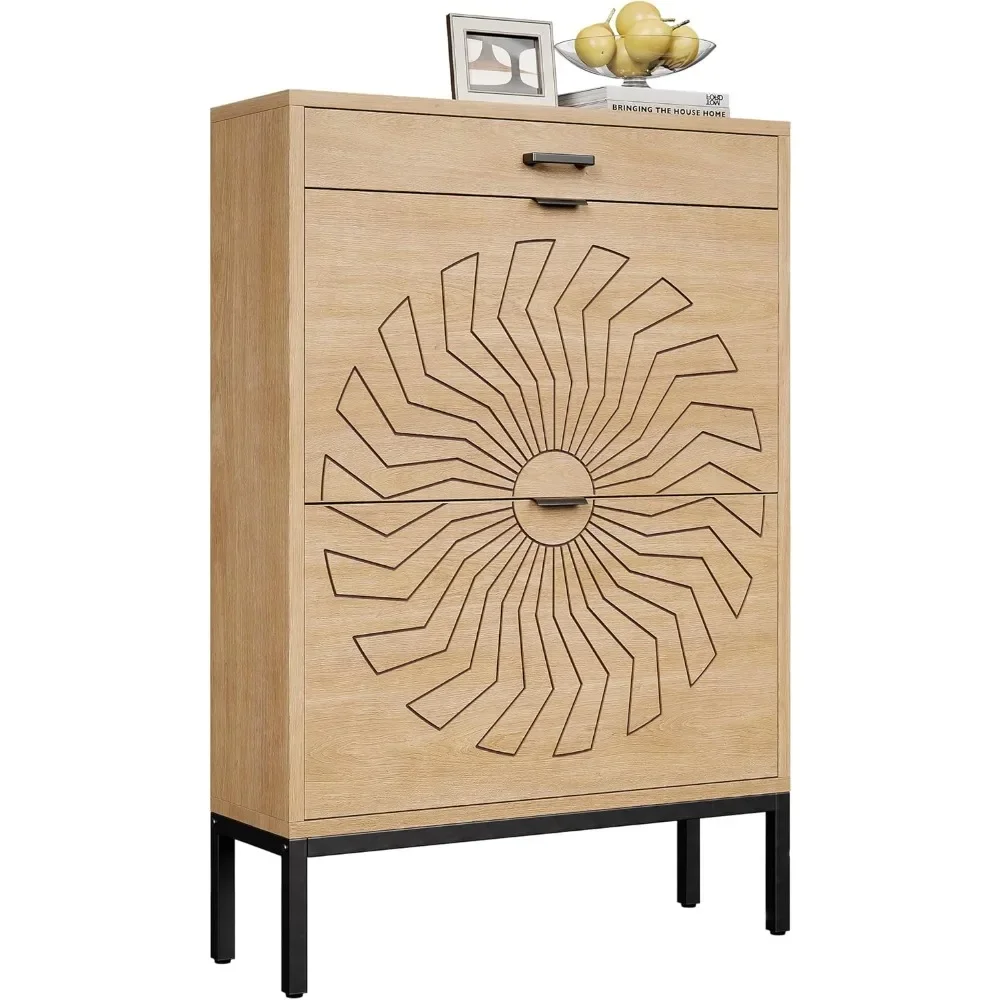 Shoe Cabinet with 2 Flip Drawers, Freestanding Shoe Organizer with Drawer, Carved Sunflower Narrow Shoe Rack Cabinet 
Shoe Cabinet with 2 Flip Drawers, Freestanding Shoe Organizer with Drawer, Carved Sunflower Narrow Shoe Rack Cabinet