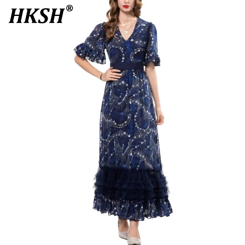 HKSH Summer New Women Chic Fashion Elegant V-neck Short Sleeved Pleated Waistband Ruffle Edge Printed Long Formal Dresses HK5398
HKSH Summer New Women Chic Fashion Elegant V-neck Short Sleeved Pleated Waistband Ruffle Edge Printed Long Formal Dresses HK5398