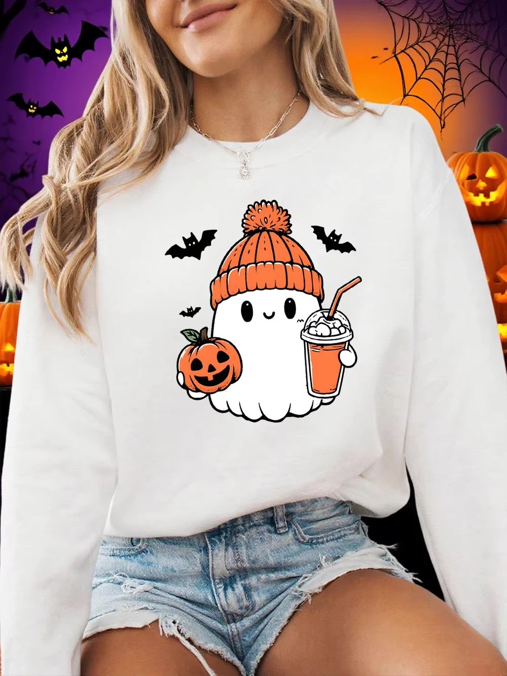 Милый свитшот с принтом тыквы и призраком летучей мыши на Хэллоуин, женская зимняя флисовая теплая толстовка с круглым вырезом, свободный пуловер, повседневная мягкая одежда
Милый свитшот с принтом тыквы и призраком летучей мыши на Хэллоуин, женская зимняя флисовая теплая толстовка с круглым вырезом, свободный пуловер, повседневная мягкая одежда
