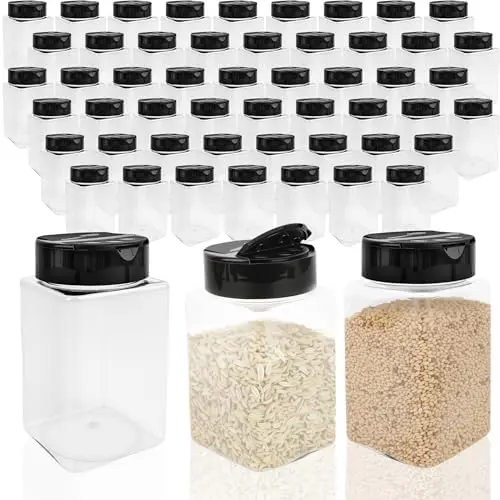 54 Pack 9 oz Clear Plastic Spice Jars with Shaker Lids & Black Caps - Square Empty Seasoning Bottles for Herbs
54 Pack 9 oz Clear Plastic Spice Jars with Shaker Lids & Black Caps - Square Empty Seasoning Bottles for Herbs