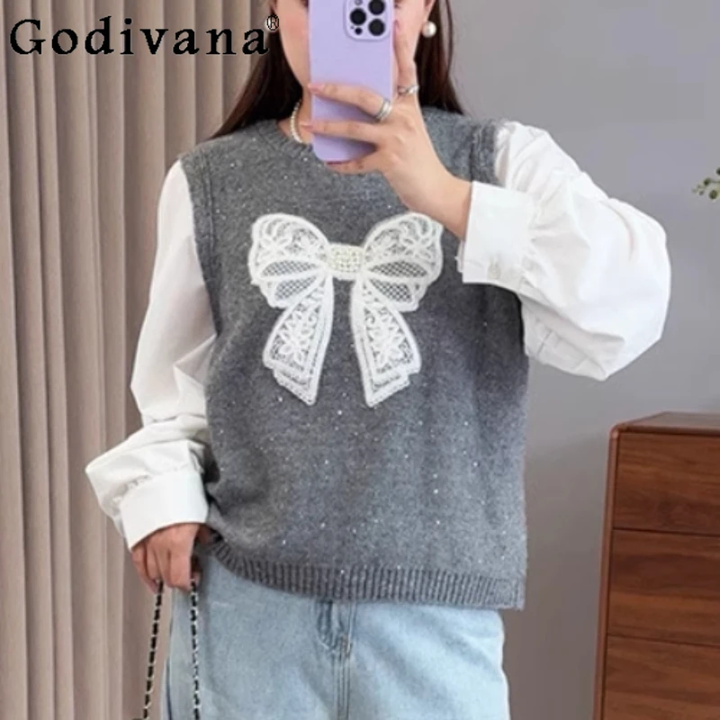 Осень-зима, новый свободный искусственный двухсекционный универсальный свитер, женский милый возрастной бант с длинным рукавом, японский вязаный топ для отдыха
Осень-зима, новый свободный искусственный двухсекционный универсальный свитер, женский милый возрастной бант с длинным рукавом, японский вязаный топ для отдыха