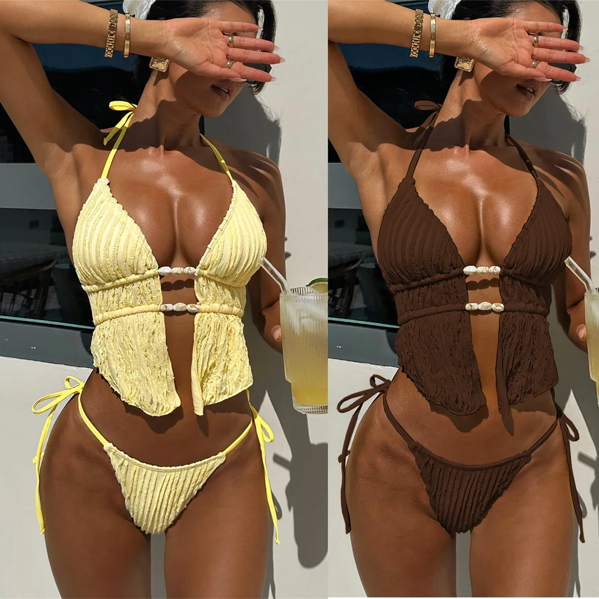 New Summer Women's Sexy and Fashionable Solid Color Neck Strap with Hollow Split Bikini Swimsuit
New Summer Women's Sexy and Fashionable Solid Color Neck Strap with Hollow Split Bikini Swimsuit