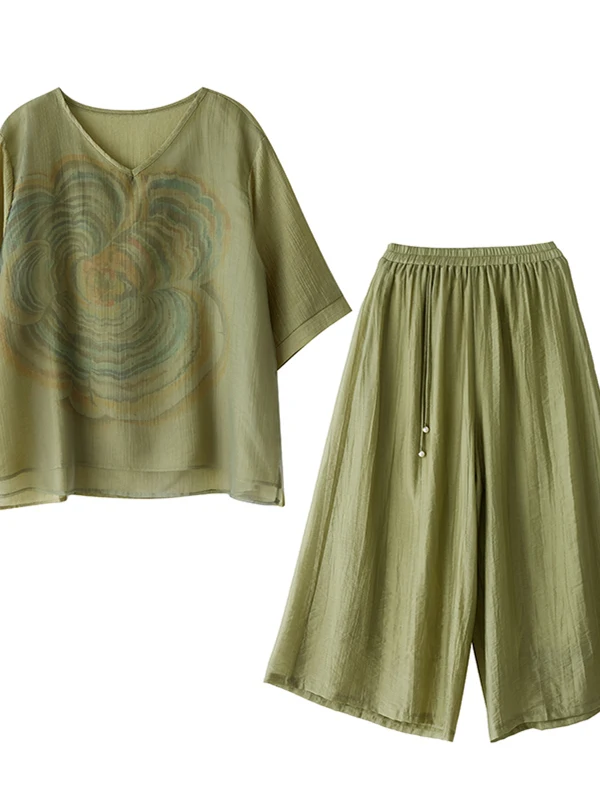 Лето 202, художественный свободный топ с принтом, широкие брюки, комплект из двух предметов с эластичной резинкой на талии, модная повседневная женская одежда 
Лето 202, художественный свободный топ с принтом, широкие брюки, комплект из двух предметов с эластичной резинкой на талии, модная повседневная женская одежда