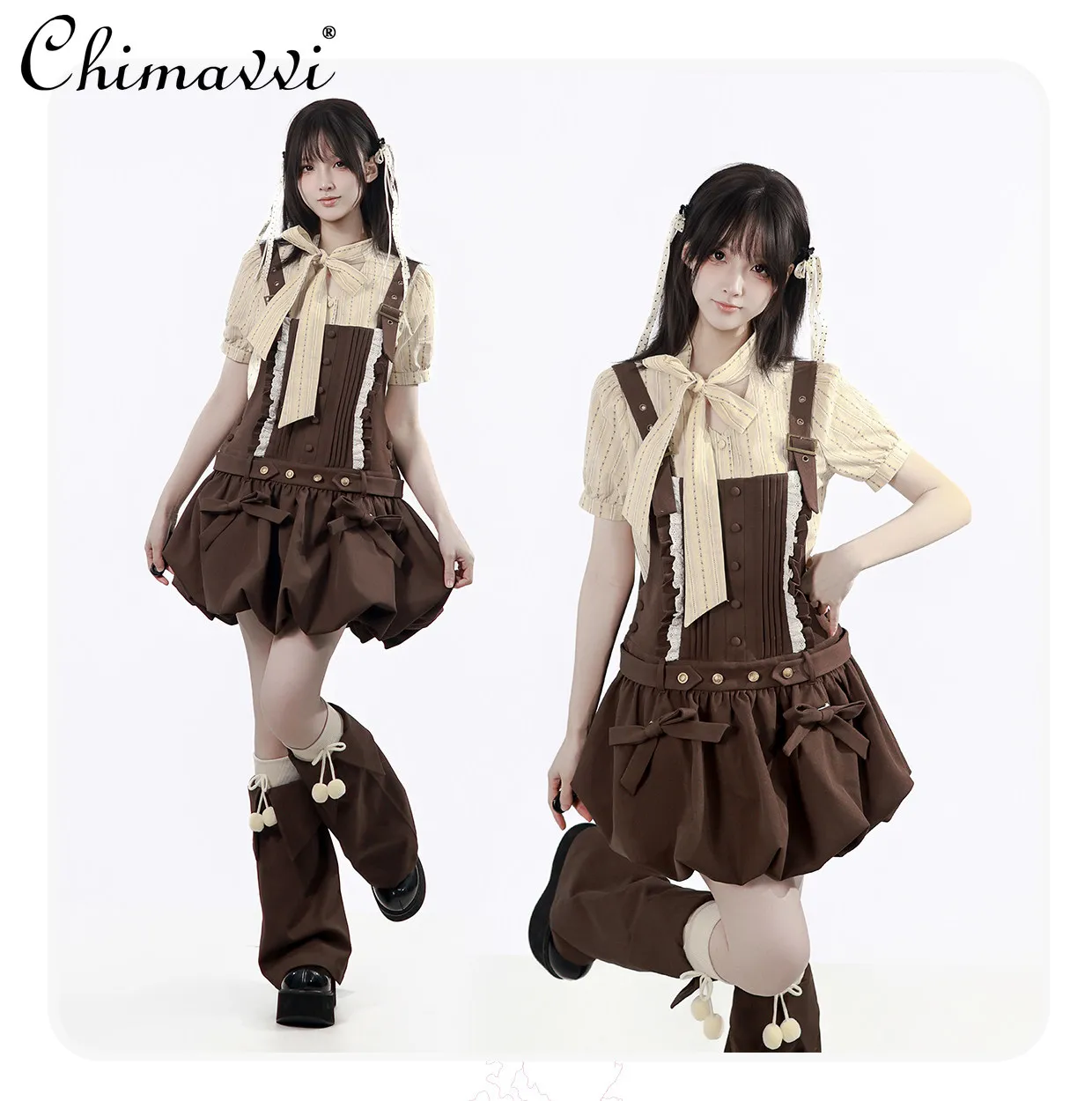 Japanese Style Cute Girl Tie Back Short-sleeved Shirt Flower Bud Suspender Skirt Suit Summer New Kawaii Student Women's Suit
Japanese Style Cute Girl Tie Back Short-sleeved Shirt Flower Bud Suspender Skirt Suit Summer New Kawaii Student Women's Suit