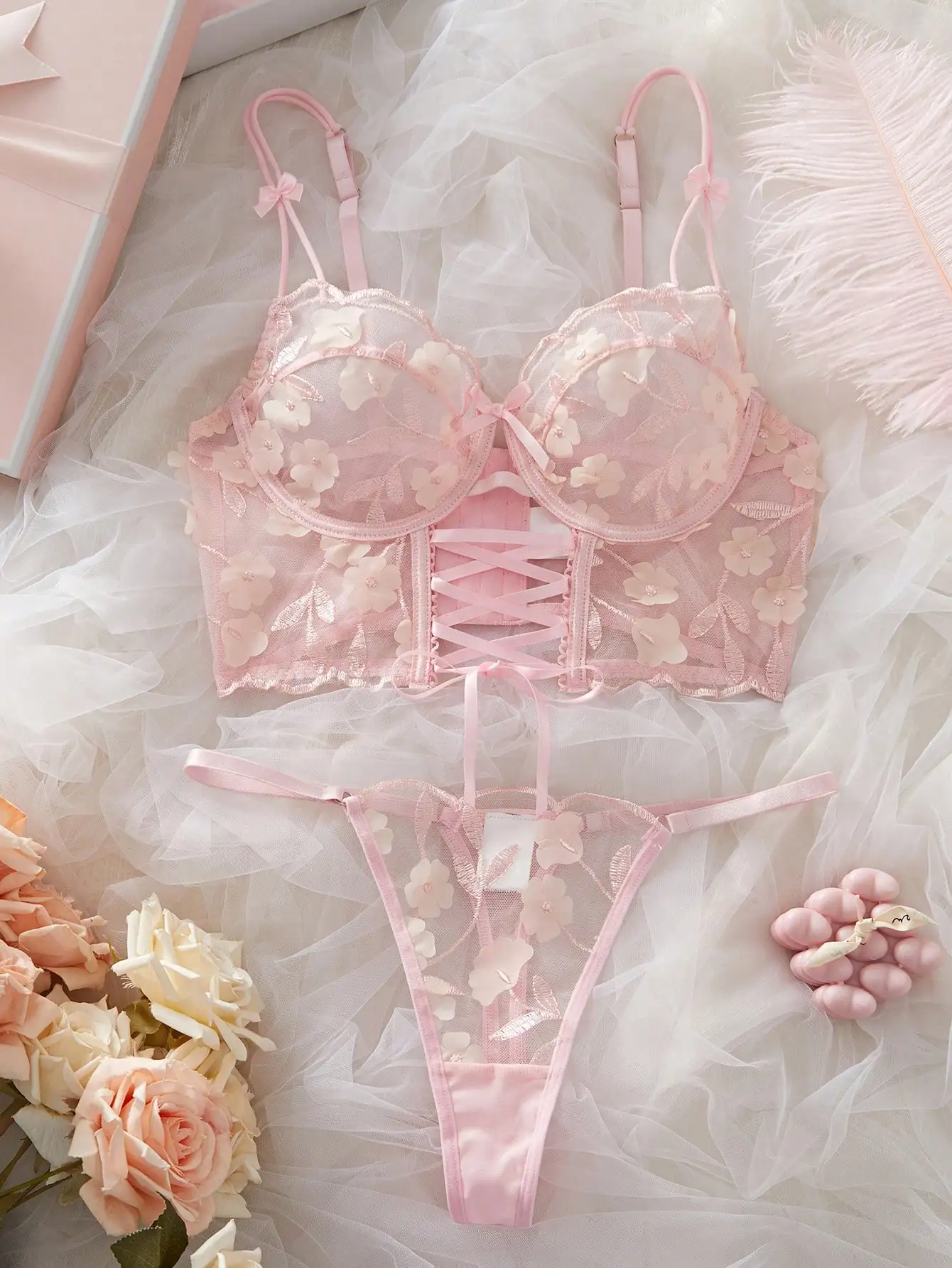 Pink Floral Lace Underwire Bra and Thong Set with Corset Back
Pink Floral Lace Underwire Bra and Thong Set with Corset Back