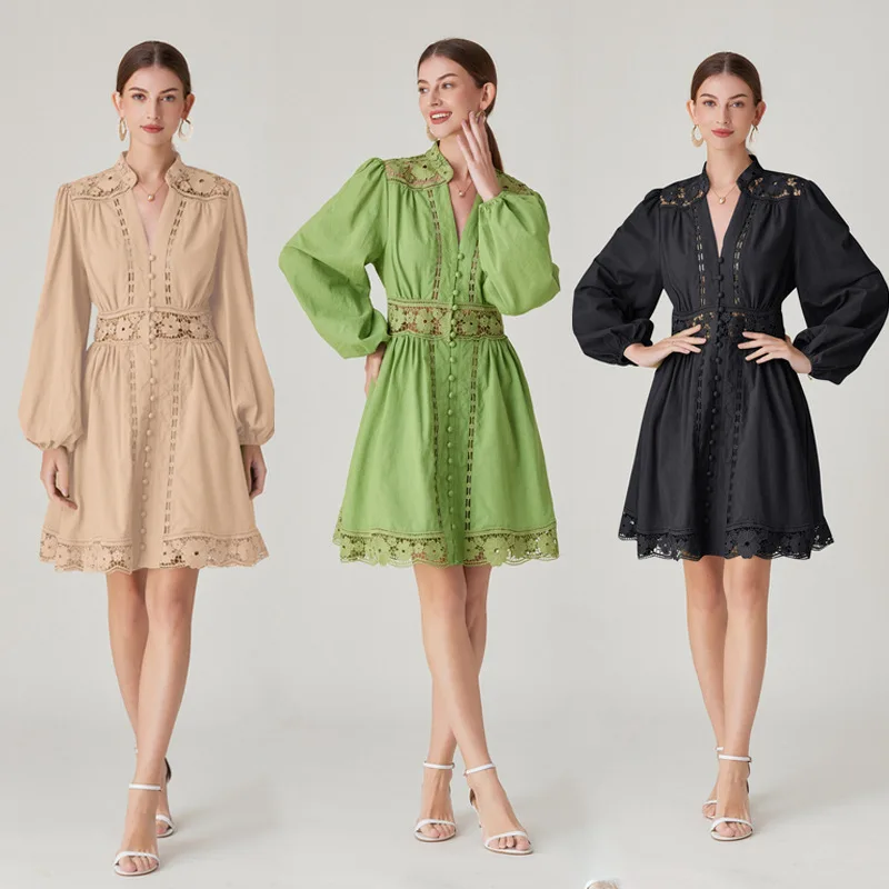 New Fashion Temperament V-neck Splicing Lace Hollow Design Sense Long-sleeved Waist Dress
New Fashion Temperament V-neck Splicing Lace Hollow Design Sense Long-sleeved Waist Dress