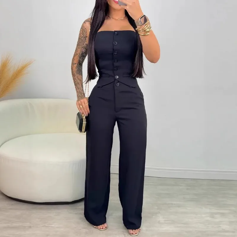 2025 summer new solid color fake two-piece strapless single breasted decorative vest and casual wide leg pants jumpsuit
2025 summer new solid color fake two-piece strapless single breasted decorative vest and casual wide leg pants jumpsuit