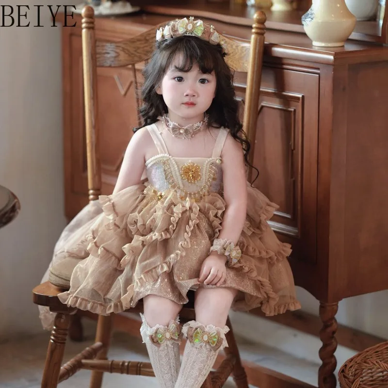 Vintage Gold Sequin Lolita Girls Dress Kids Tiered Ruffle Tulle Ball Gown Toddler Sleeveless Fancy Princess Party Dress
Vintage Gold Sequin Lolita Girls Dress Kids Tiered Ruffle Tulle Ball Gown Toddler Sleeveless Fancy Princess Party Dress