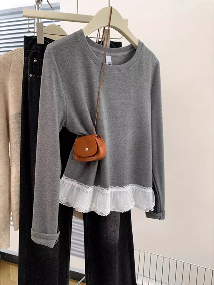 Lace Patchwork O-neck T-shirt Long Sleeve Top Tee Women 2025 New Fashion Slim Fit Tops Solid Color Bottoming Shirt T-Shirts
Lace Patchwork O-neck T-shirt Long Sleeve Top Tee Women 2025 New Fashion Slim Fit Tops Solid Color Bottoming Shirt T-Shirts