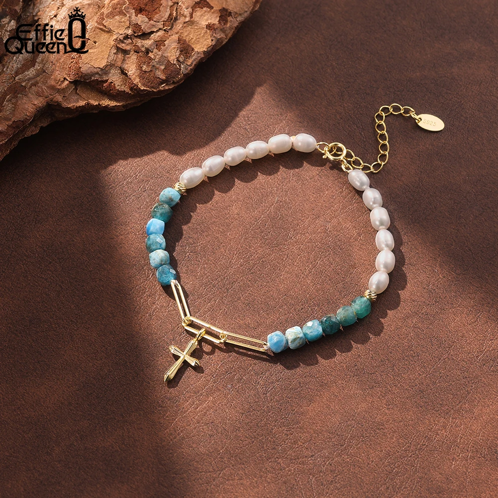 Effie Queen 925 Sterling Silver Blue Apatite Chain Bracelet with Pearl Jewelry Cross Bracelet Blue Gemstone Jewelry Female MPB22
Effie Queen 925 Sterling Silver Blue Apatite Chain Bracelet with Pearl Jewelry Cross Bracelet Blue Gemstone Jewelry Female MPB22