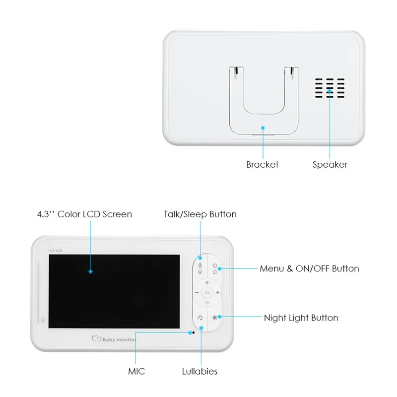 4.3Inch Screen Temperature Monitoring Feeding Alarm Intercom Baby Monitor Night Vision BabySitter Camera
4.3Inch Screen Temperature Monitoring Feeding Alarm Intercom Baby Monitor Night Vision BabySitter Camera