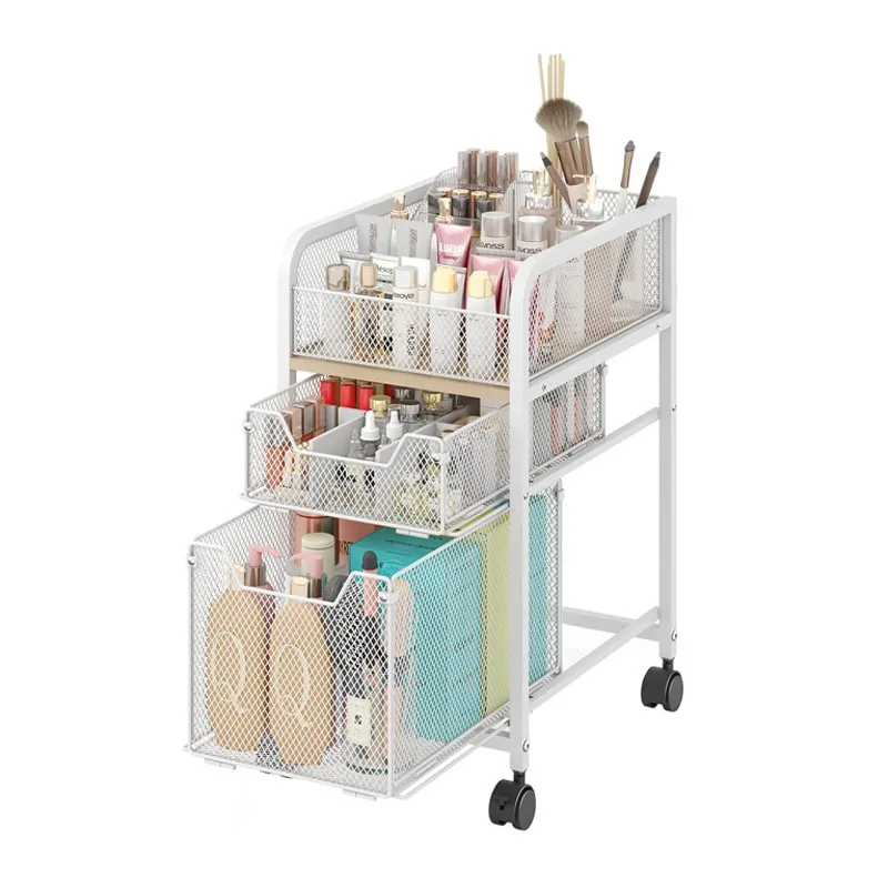 Narrow side double shelf trolley cosmetic storage rack removable under table with drawer
Narrow side double shelf trolley cosmetic storage rack removable under table with drawer