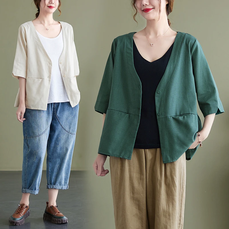 plus Size Women's Cotton Linen Jacket Pure Color V-Neck Small Open Cardigan Linen Outerwear Top Summer New Arrival
plus Size Women's Cotton Linen Jacket Pure Color V-Neck Small Open Cardigan Linen Outerwear Top Summer New Arrival