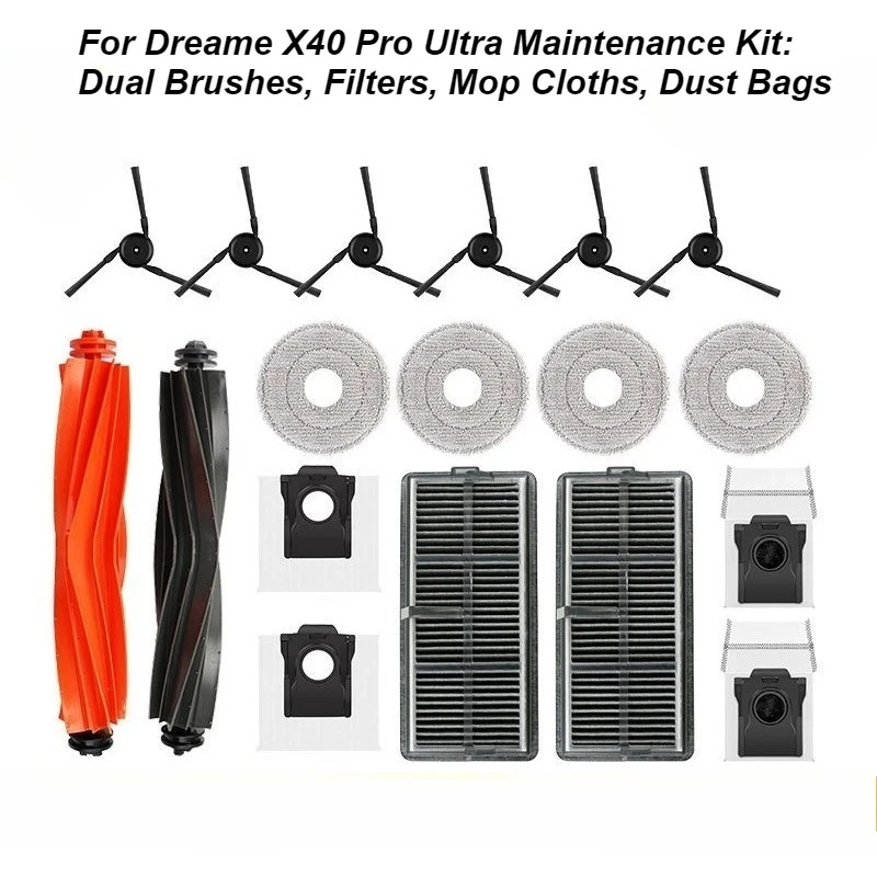 For Dreame X40 Pro Ultra Maintenance Kit: Dual Brushes, Filters, Mop Cloths, Dust Bags
For Dreame X40 Pro Ultra Maintenance Kit: Dual Brushes, Filters, Mop Cloths, Dust Bags