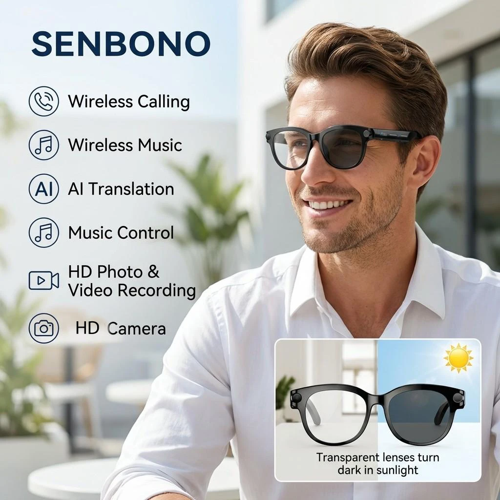 SENBONO AI Smart Glasses with 2/5/8MP 1080P 4K Camera Take Photo Video Bluetooth Call AI Translator Smart Glasses For Men Women
SENBONO AI Smart Glasses with 2/5/8MP 1080P 4K Camera Take Photo Video Bluetooth Call AI Translator Smart Glasses For Men Women