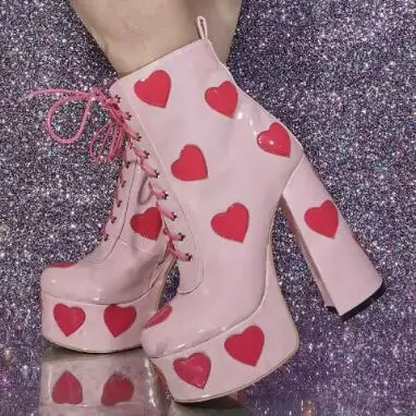 Sweet Girls Pink Shiny Leather Red Heart Cross Tied Zipper Side Platform Chunky Heels Ankle Boots Women Lolita Shoes Size 47
Sweet Girls Pink Shiny Leather Red Heart Cross Tied Zipper Side Platform Chunky Heels Ankle Boots Women Lolita Shoes Size 47