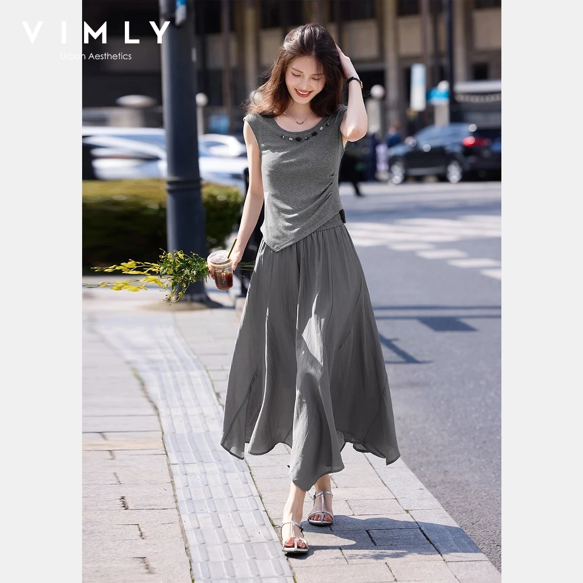 VIMLY Women's Gray Casual Suit 2026 Irregular Sleeveless T-shirt Long Skirt Two-piece Set Summer Elegant Commute Outfit 31167
VIMLY Women's Gray Casual Suit 2026 Irregular Sleeveless T-shirt Long Skirt Two-piece Set Summer Elegant Commute Outfit 31167