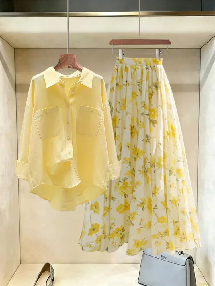 Dopamine Yellow Summer Atmosphere Loose Shirt High Waist Floral Half Skirt Two Piece Set Women's Fashion Sunscreen Clothing
Dopamine Yellow Summer Atmosphere Loose Shirt High Waist Floral Half Skirt Two Piece Set Women's Fashion Sunscreen Clothing