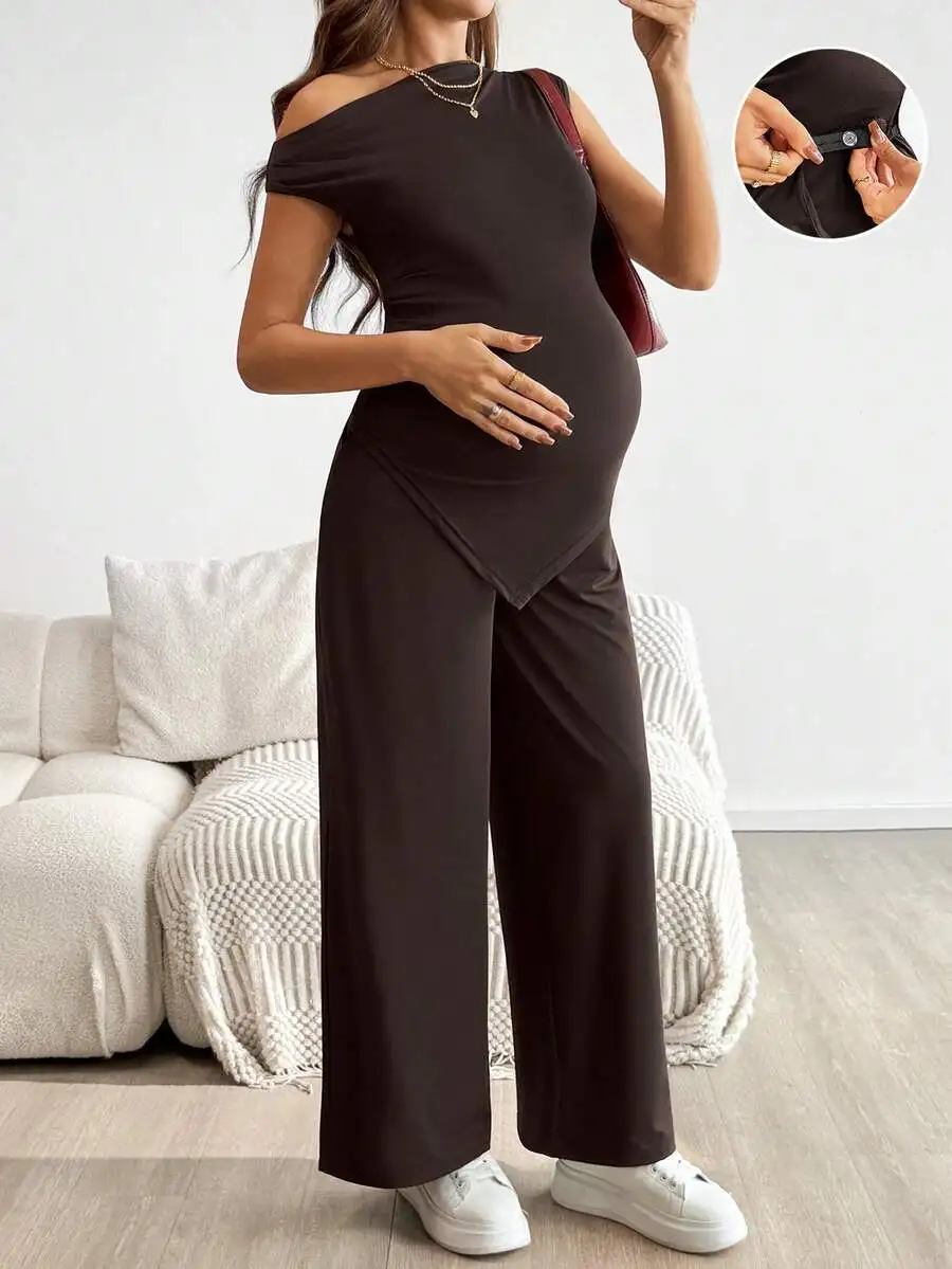 Brown Maternity Two Piece Set Asymmetrical Shoulder Top Adjustable Waist Wide Leg Pants
Brown Maternity Two Piece Set Asymmetrical Shoulder Top Adjustable Waist Wide Leg Pants