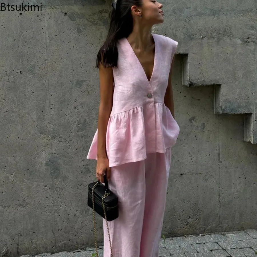 New Fashion Cotton Linen 2 Piece Sets Women Summer Chic Elegant Outfit Sleeveless Ruffles Tank Top and Loose Wide-leg Pants Sets
New Fashion Cotton Linen 2 Piece Sets Women Summer Chic Elegant Outfit Sleeveless Ruffles Tank Top and Loose Wide-leg Pants Sets