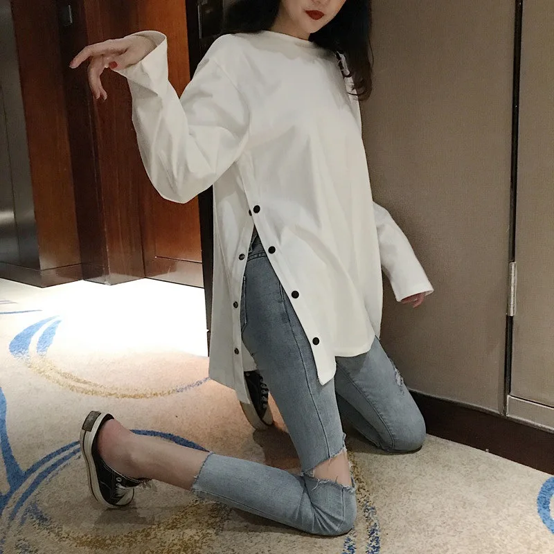 Loose Long Sleeve T-Shirt Women's Autumn Winter Casual Pure Color Base Shirt Mid-Length plus Size Open Split Female Fashion
Loose Long Sleeve T-Shirt Women's Autumn Winter Casual Pure Color Base Shirt Mid-Length plus Size Open Split Female Fashion
