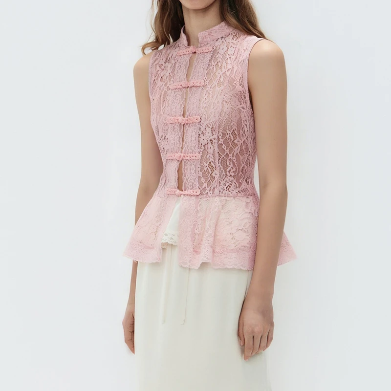 Stand Collar Sleeveless Chinese Style Frog Button Shirts Sheer Floral Lace See Through Ruffle Hem Vest Sexy Tank Tops
Stand Collar Sleeveless Chinese Style Frog Button Shirts Sheer Floral Lace See Through Ruffle Hem Vest Sexy Tank Tops
