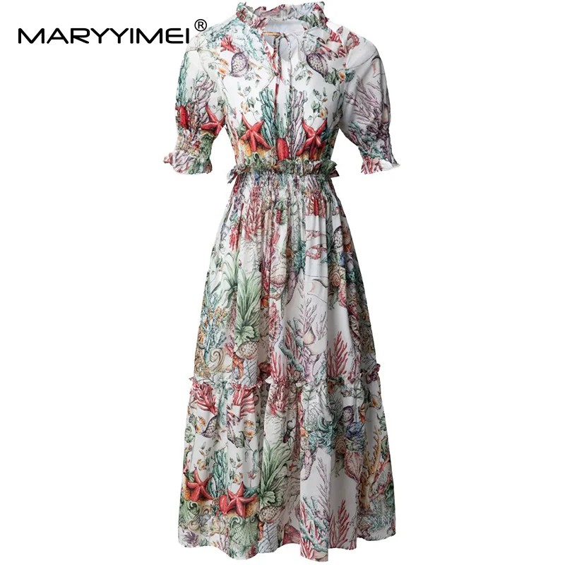 MARYYIMEI Fashion design V-Neck Lace-Up Flounced Edge Short Sleeve Elastic Waist Print Big Swing Dresses Spring Summer 2025 New
MARYYIMEI Fashion design V-Neck Lace-Up Flounced Edge Short Sleeve Elastic Waist Print Big Swing Dresses Spring Summer 2025 New