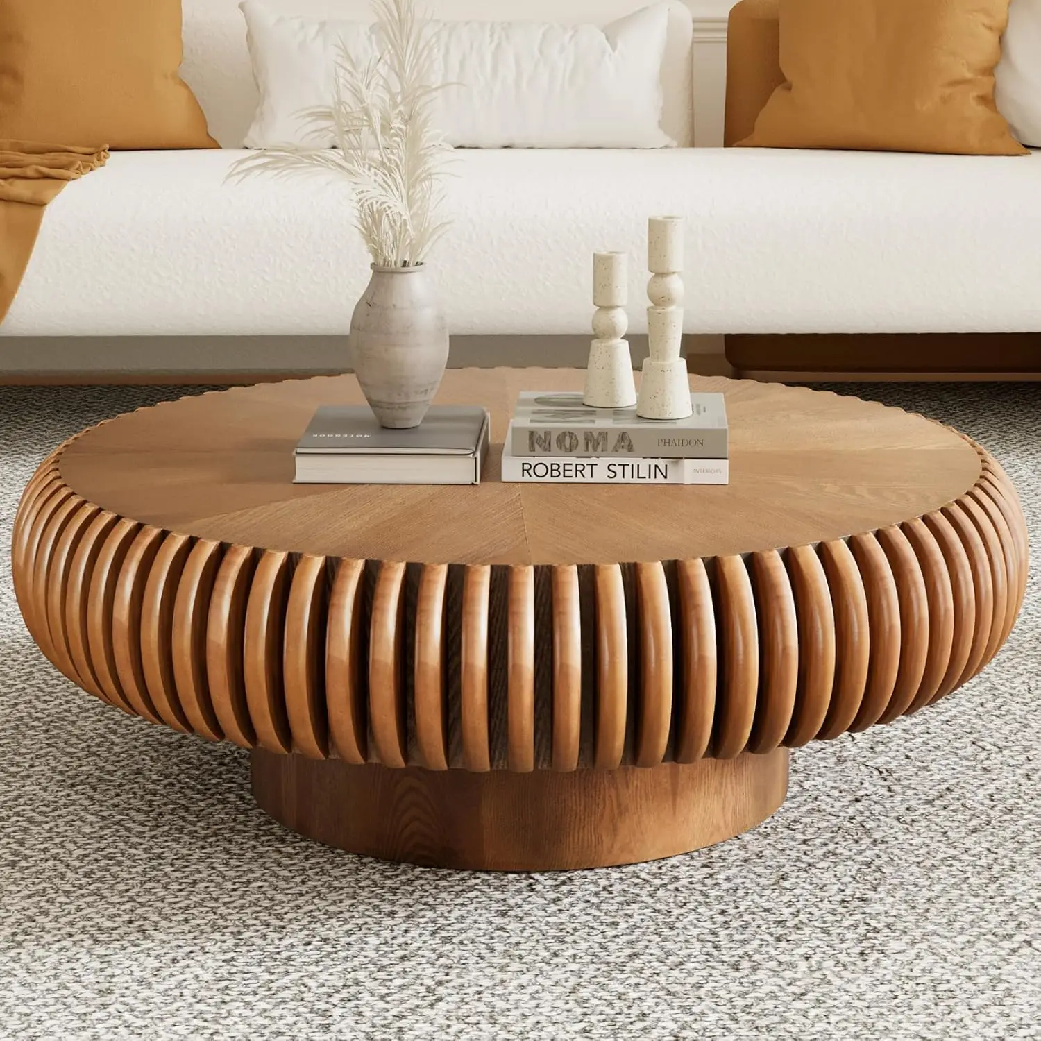 Round Solid Wood Fluted Coffee Table Sturdy Pedestal Small Living Room Apartment 31.4in Brown, Customized
Round Solid Wood Fluted Coffee Table Sturdy Pedestal Small Living Room Apartment 31.4in Brown, Customized