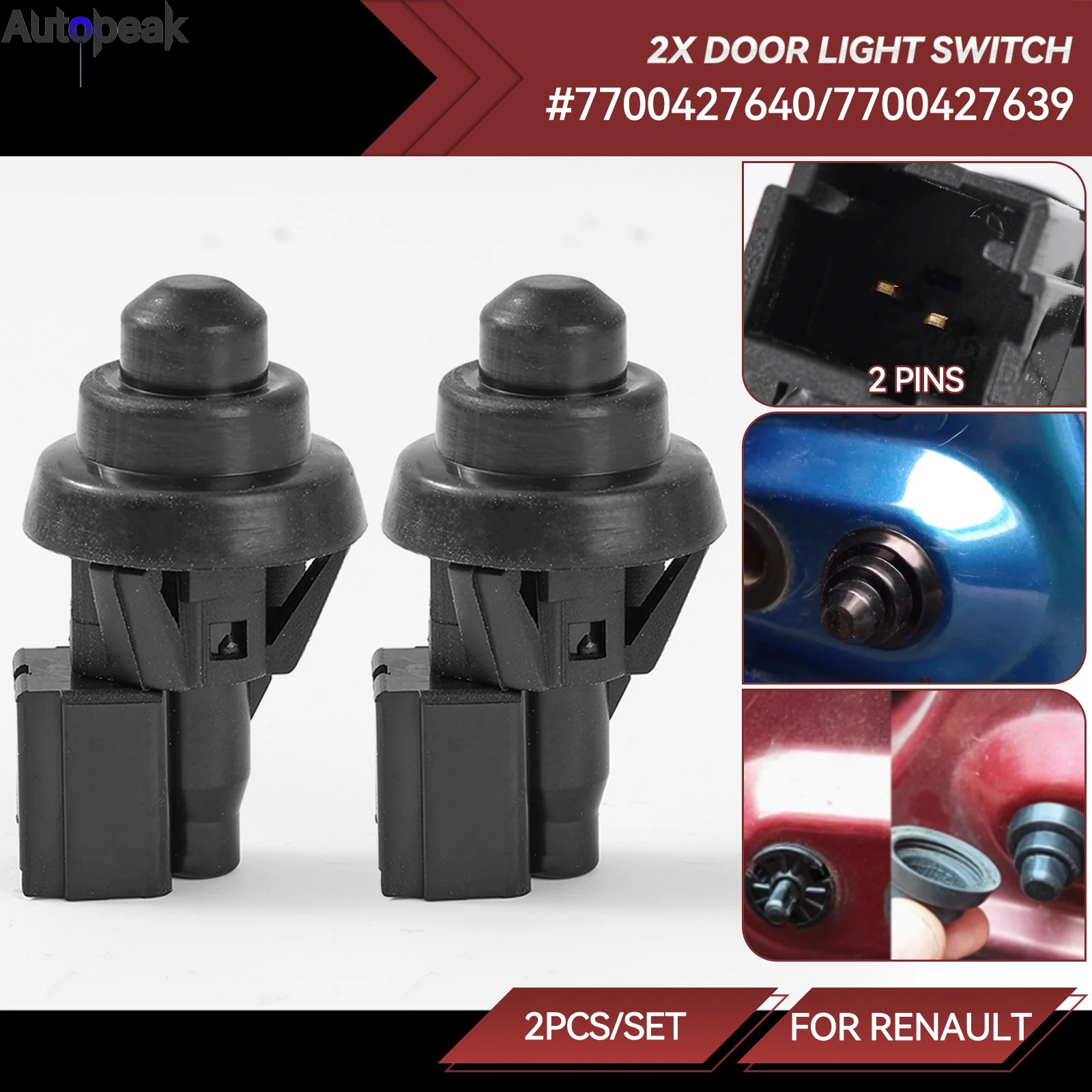 2pcs Car Interior Door Light Sensor Switch for Dacia Duster Logan Sandero Renault Clio MK II Kangoo Megane 7700427639 7700427640
2pcs Car Interior Door Light Sensor Switch for Dacia Duster Logan Sandero Renault Clio MK II Kangoo Megane 7700427639 7700427640