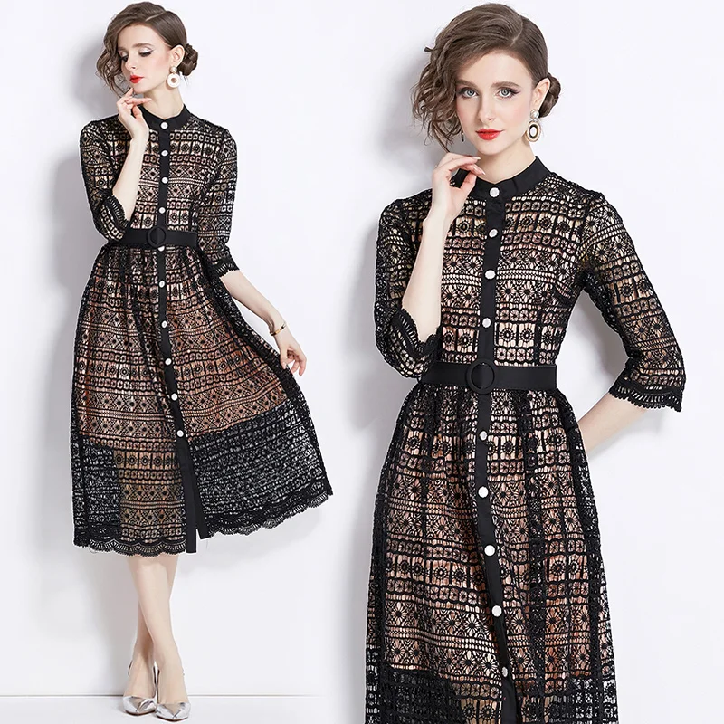Summer New Black Hollow Embroidered Dress Women's Half High Collar Half Sleeve Single Breasted Sashes Slim Fit Long Dress
Summer New Black Hollow Embroidered Dress Women's Half High Collar Half Sleeve Single Breasted Sashes Slim Fit Long Dress