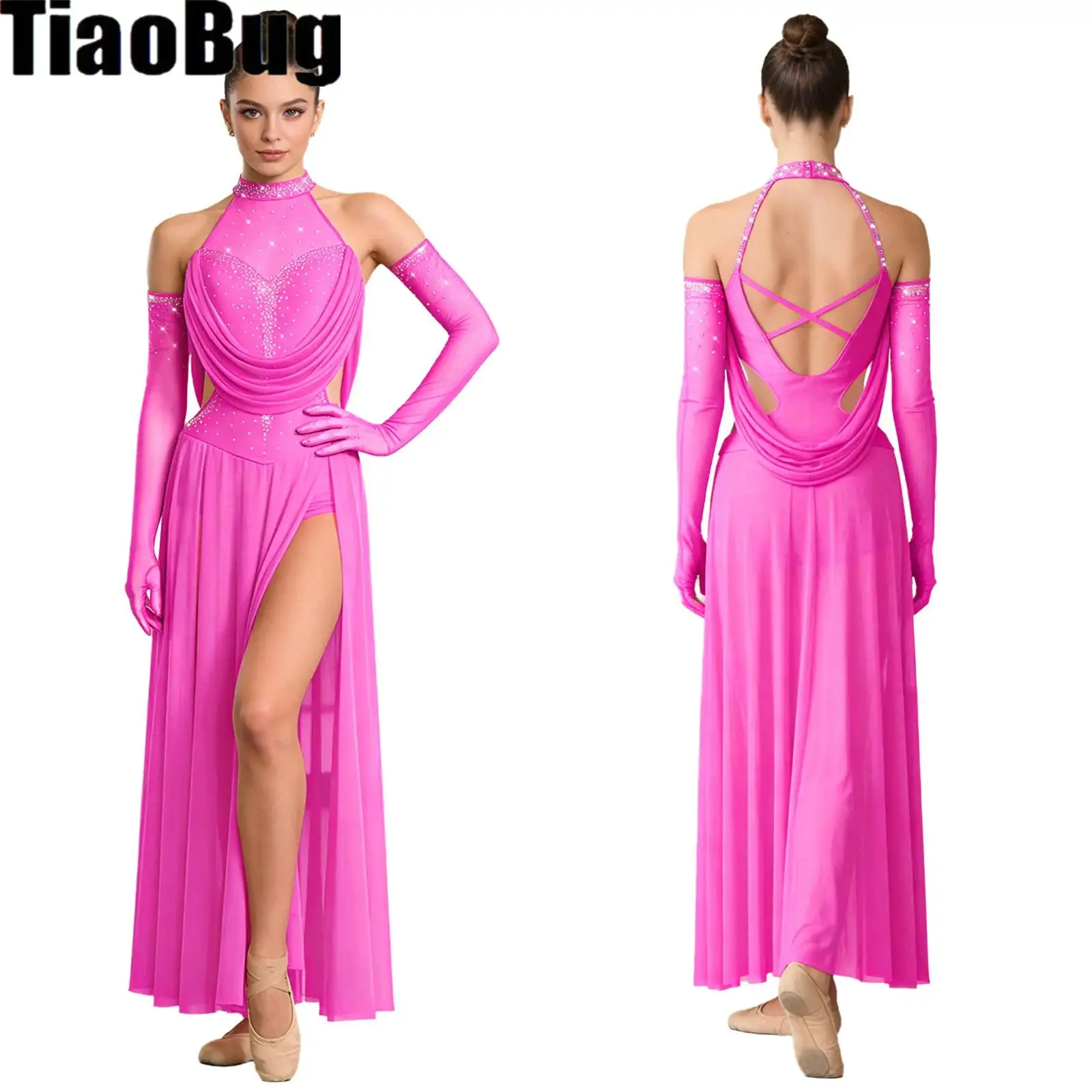 Womens Lyrical Dance Costume Halter Sleeveless Sparkly Rhinestones Backless Maxi Dress Crotch Press Buttons Briefs with Gloves
Womens Lyrical Dance Costume Halter Sleeveless Sparkly Rhinestones Backless Maxi Dress Crotch Press Buttons Briefs with Gloves