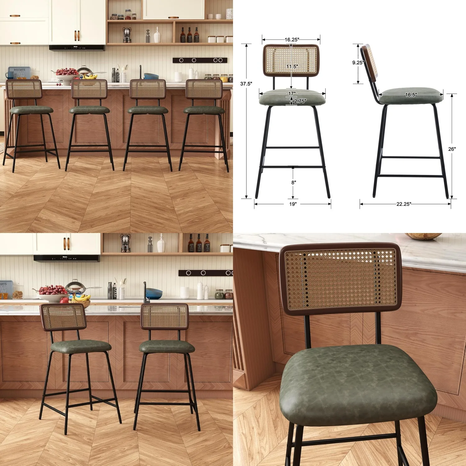 26in Rattan Counter Height Bar Stools Set of 4 Metal Legs Faux Leather Cane Backrest Kitchen Home Restaurant, Customized
26in Rattan Counter Height Bar Stools Set of 4 Metal Legs Faux Leather Cane Backrest Kitchen Home Restaurant, Customized