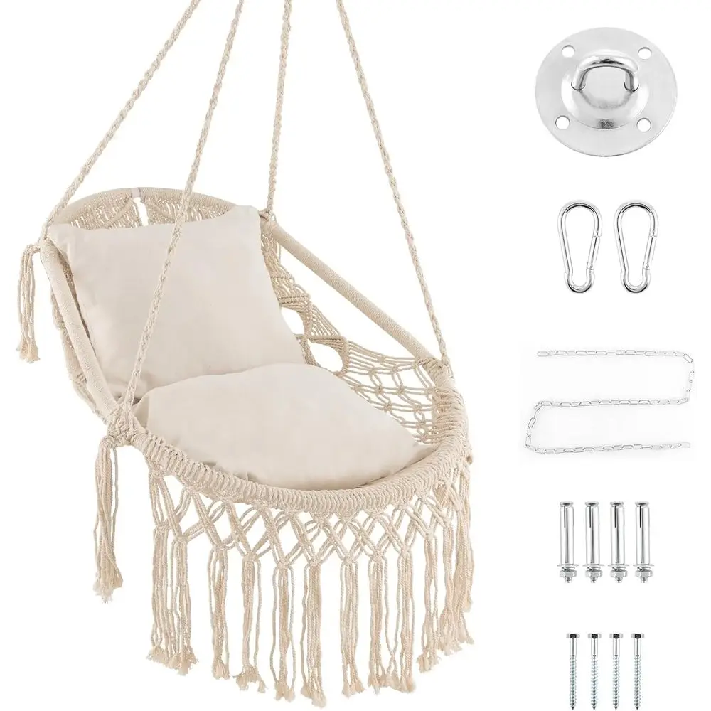 Cotton Rope Hammock Swing Chair with 2 Soft Cushions, Tassels, and Mounting Kit for Indoor or Outdoor Use (Beige)
Cotton Rope Hammock Swing Chair with 2 Soft Cushions, Tassels, and Mounting Kit for Indoor or Outdoor Use (Beige)