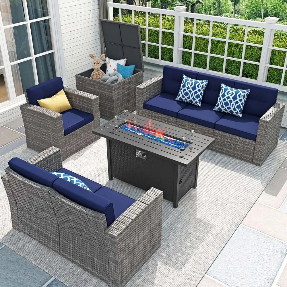 8-Piece Navy Blue Rattan Outdoor Furniture Set with 45 Gas Fire Pit and Storage
8-Piece Navy Blue Rattan Outdoor Furniture Set with 45 Gas Fire Pit and Storage