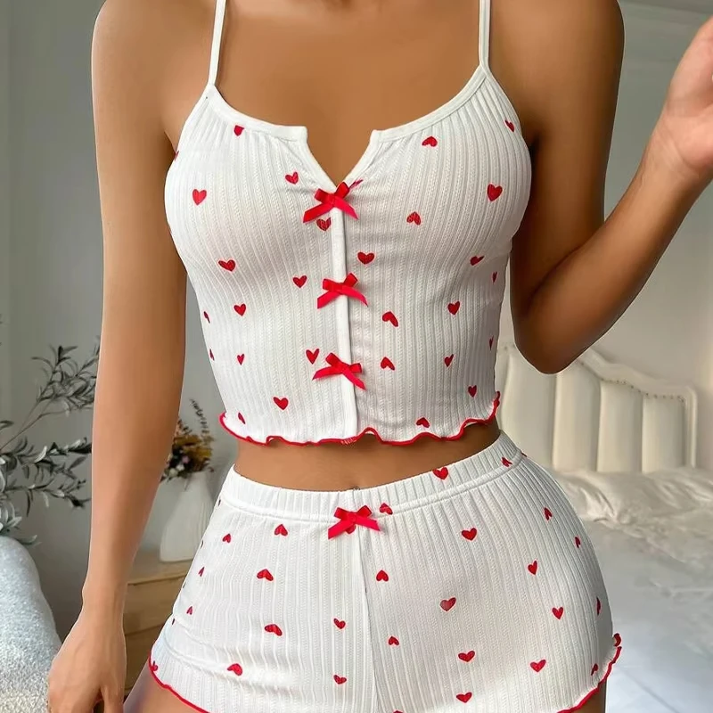 Sexy Sleepwear Women Pajamas Set Heart Print Silk Stain V-Neck Sleeveless Casual Cami Top and Shorts Sets Home Suit Loungewear
Sexy Sleepwear Women Pajamas Set Heart Print Silk Stain V-Neck Sleeveless Casual Cami Top and Shorts Sets Home Suit Loungewear