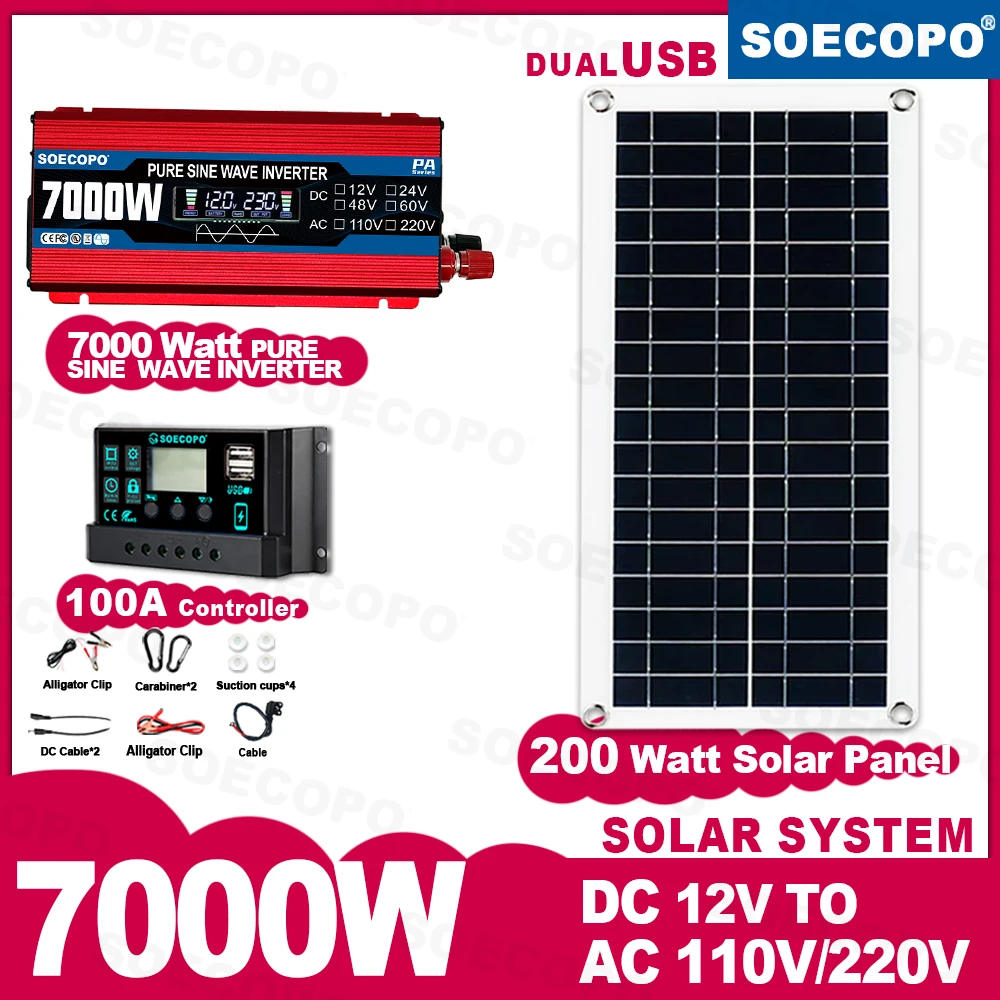 SOECOPO 7000W Pure Sine Wave Inverter Full Portable Solar System Kit 200W Panel 100A Controller camping 12V To 110V/220V
SOECOPO 7000W Pure Sine Wave Inverter Full Portable Solar System Kit 200W Panel 100A Controller camping 12V To 110V/220V