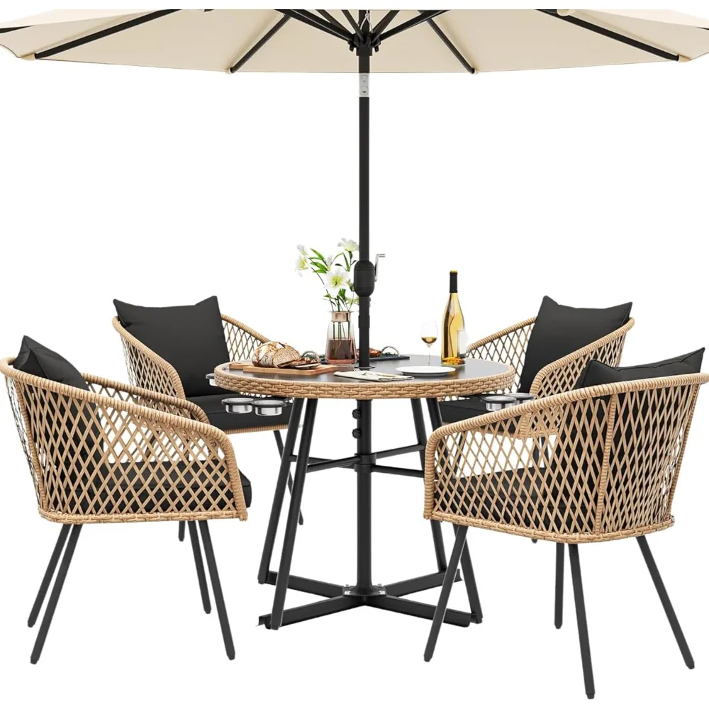 5-Piece Outdoor Dining Set with Umbralle Hole, Rattan Patio Dining Set for 4 with Cup Holders Soft Cushions and Glass Top Dinin
5-Piece Outdoor Dining Set with Umbralle Hole, Rattan Patio Dining Set for 4 with Cup Holders Soft Cushions and Glass Top Dinin